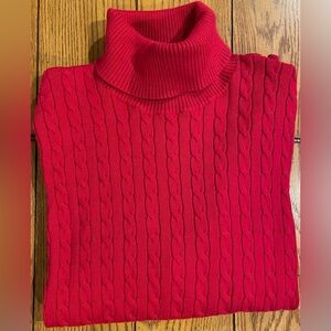 Lands’ End women’s cable knit turtleneck sweater, size large, red